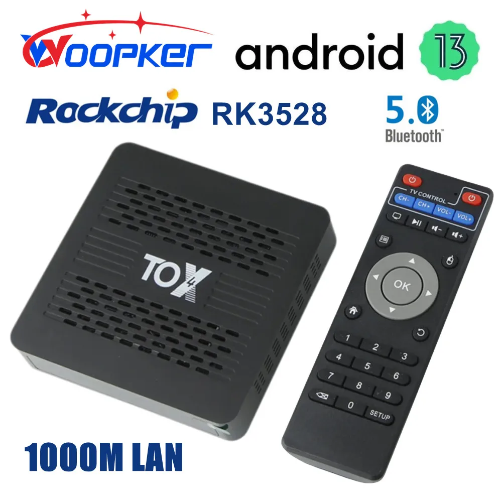 

Woopker TOX4 Smart TV Box Android 13 4GB RAM 32GB ROM RK3528 Dual Band Wifi BT5.0 AV1 1000M LAN 4K HD Media Player Set Top Box