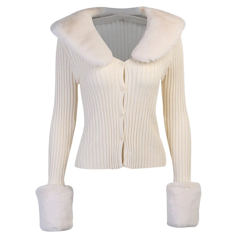 Autumn and Winter New 2024 Women's Long-sleeved Tops Fashion Simple Slim V-neck Sexy Fur Collar Knitted Cardigan Jacket Women