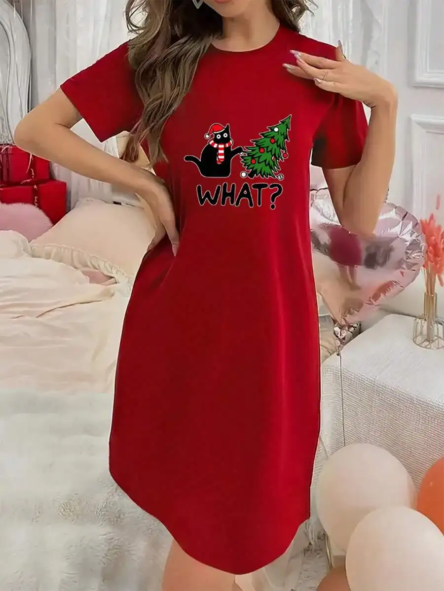 

Womens Red Christmas Cat Print Nightgown Short Sleeve Round Neck Loungewear