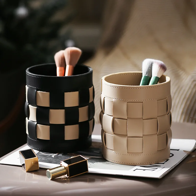 

Leather makeup brush storage bucket, high-end feel, light luxury pen holder, leather storage box, desktop