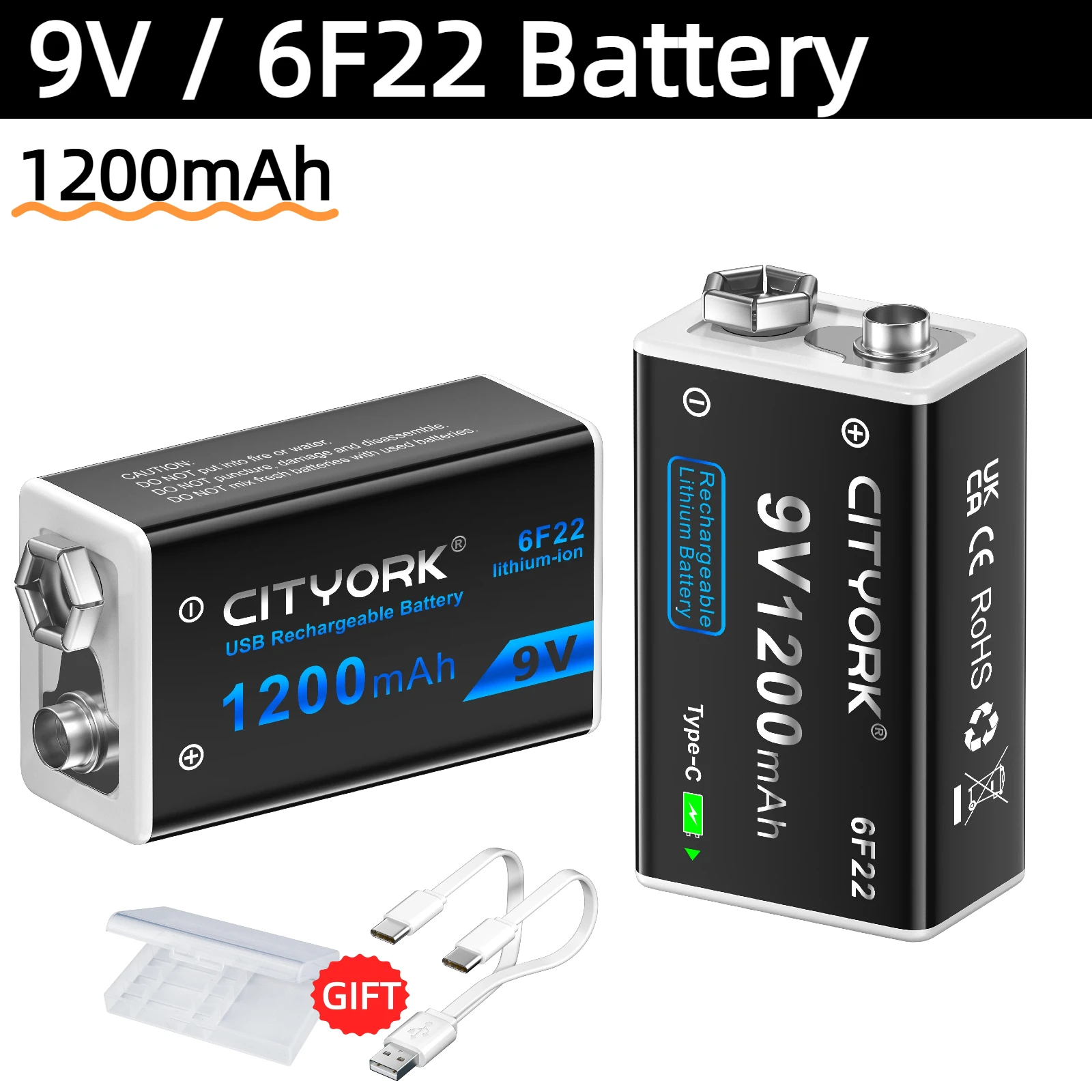 9V-Batterie 6F22 USB-wiederaufladbare Batterie 1200mAh Li-Ionen-Batterien mit TYPE-C-Anschluss für Metalldetektor, Mikrofon, Spielzeug, Multimeter, Fernbedienung, KTV