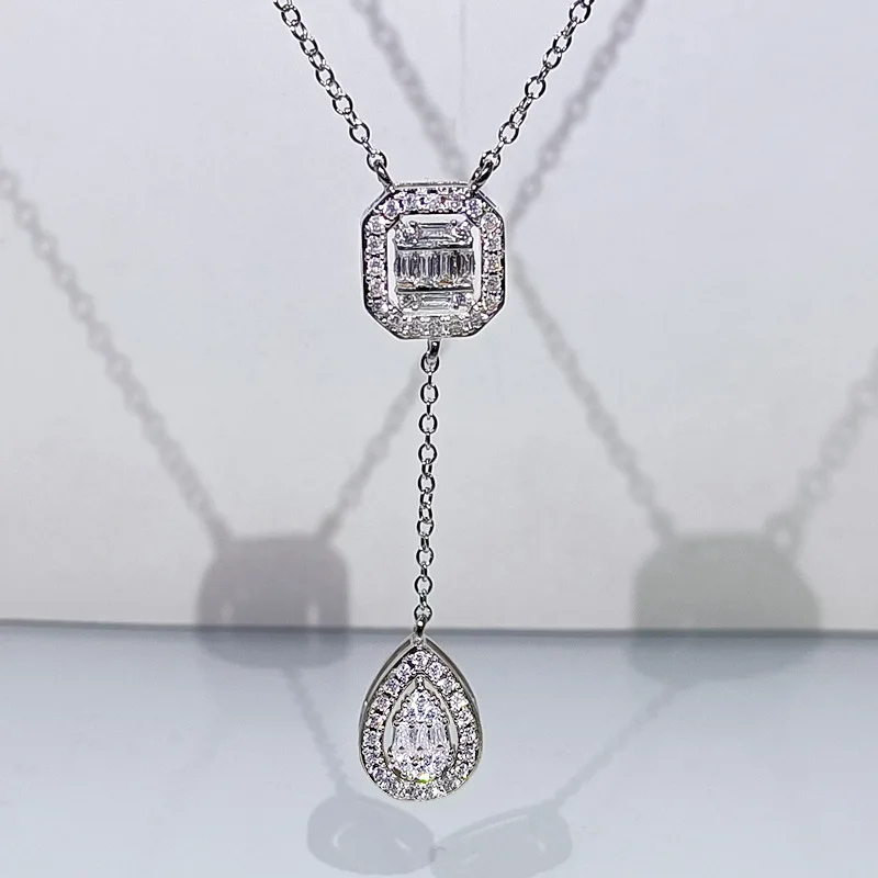 925 silver fashion new square long zircon earrings ring necklace jewelry three-piece party birthday jewelry gift