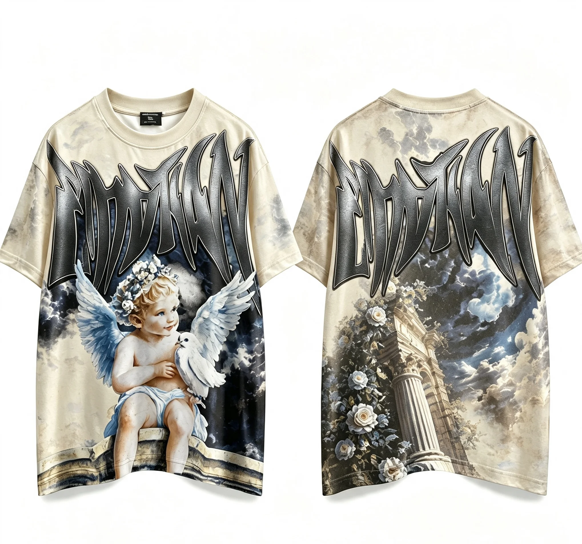 Vintage Cupid Angel Graphic T‑Shirt Gothic Dark Cloud Roman Column Streetwear Unisex Oversized Loose Short Sleeve Tee