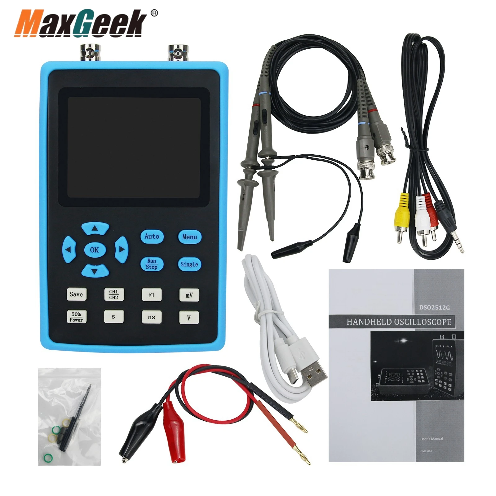 

Maxgeek DSO2512G Digital Oscilloscope Mini 2 Channel Oscilloscope 120M Bandwidth 500M Sampling For Repairs