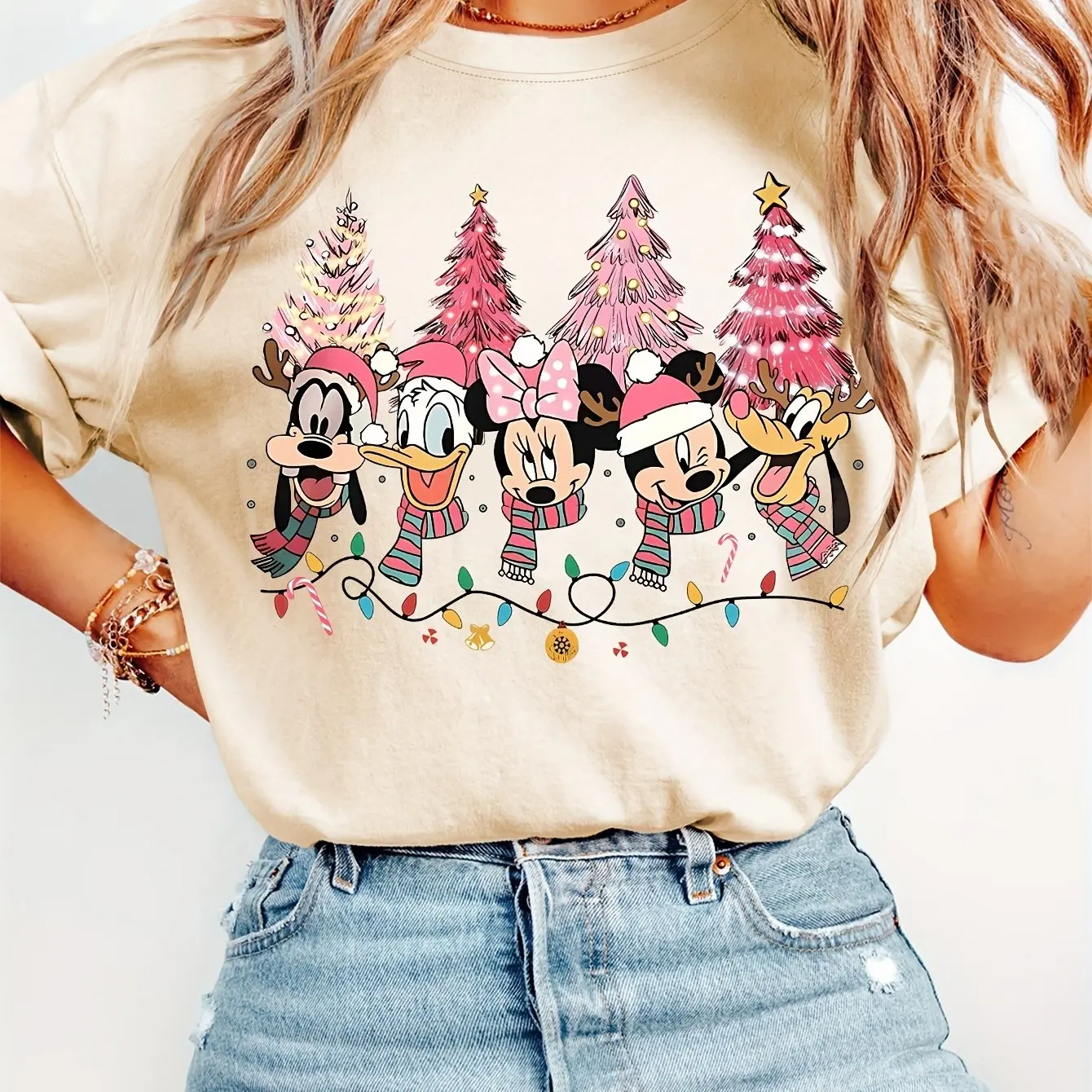 Disney Mickey Mouse Christmas T-Shirt Cotton Men's Women  Casual Trendy Oversized Loose Short Sleeve Unisex Event Outfit