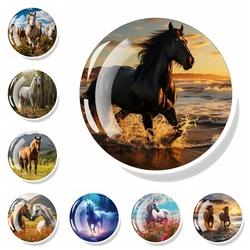 Horse Image Fridge Magnet White Brown Horse Galloping Glass Dome Refrigerator Magnets Stickers Animal Art Home Decor Accessories