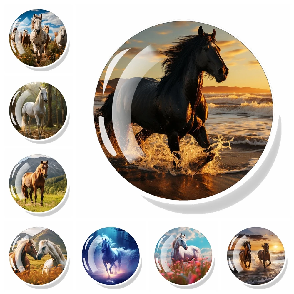 Obraz konia Magnes na lodówkę Biały Brązowy Koń Galopujący Szklana Kopuła Magnesy na lodówkę Naklejki Animal Art Home Decor Akcesoria