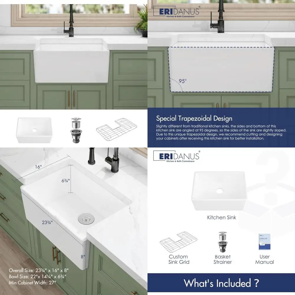 

White Farmhouse Style Undermount Single Bowl Sink with Grid and Strainer Drain, 24x16 Inch Apron Design