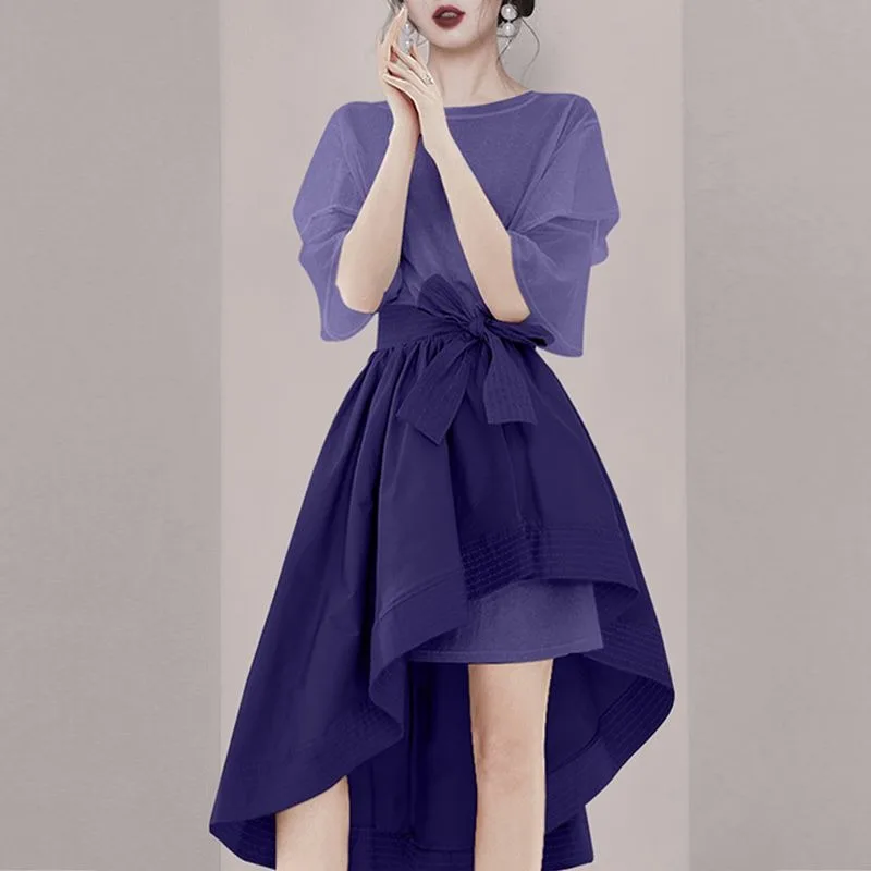 

Новый весенне-летний модный комплект: элегантная блузка с коротким рукавом и юбка с высокой талией и асимметричным подолом, комплект из двух предметов