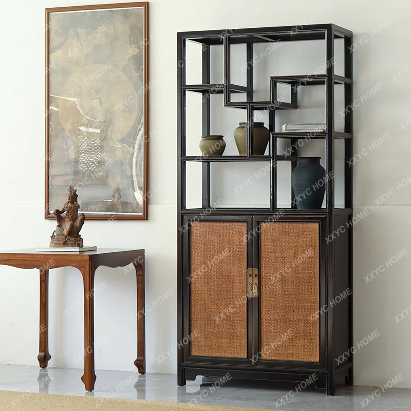 Chinese rattan mat display solid wood antique bookshelf classical furniture customization