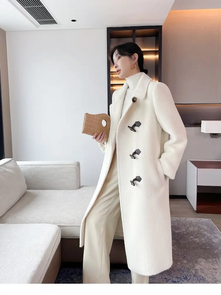 2023 High-end Winter White Alpaca Wool Coat Women New Long 100% Alpaca Wool Straight Cylinder Elegant Liner Thickened Warm Coat image 6