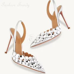 Donna argento cristallo seta tacchi in raso bianco punta a punta sandali a spillo elegante abito con paillettes Sexy Slingback Pump Hot Bling Shoe