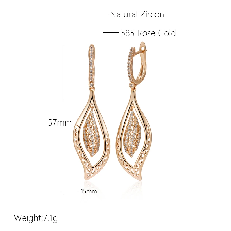 Kienl Hot 585 Rose Gold Color Natural Zircon Long Big Earring for Women Glossy Crystal Flower Ethnic Bride Daily Vintage Jewelry