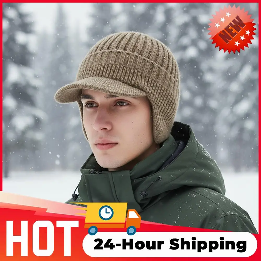 Outdoor Warm Fleece Lined Knit Hat with Brim and Ear Flaps Stocking Caps Soft Beanie Hat Thick Winter Knitted Hats for Daily