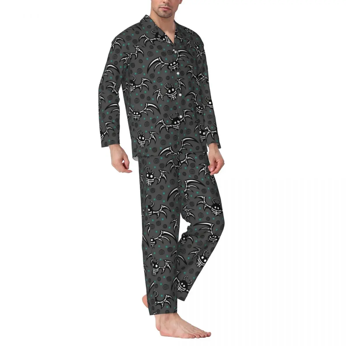 Conjunto de pijamas de murciélagos con estampado de puntos verdes, ropa de dormir de moda para hombre, manga larga, habitación Retro, traje para casa de dos piezas, talla grande XL 2XL