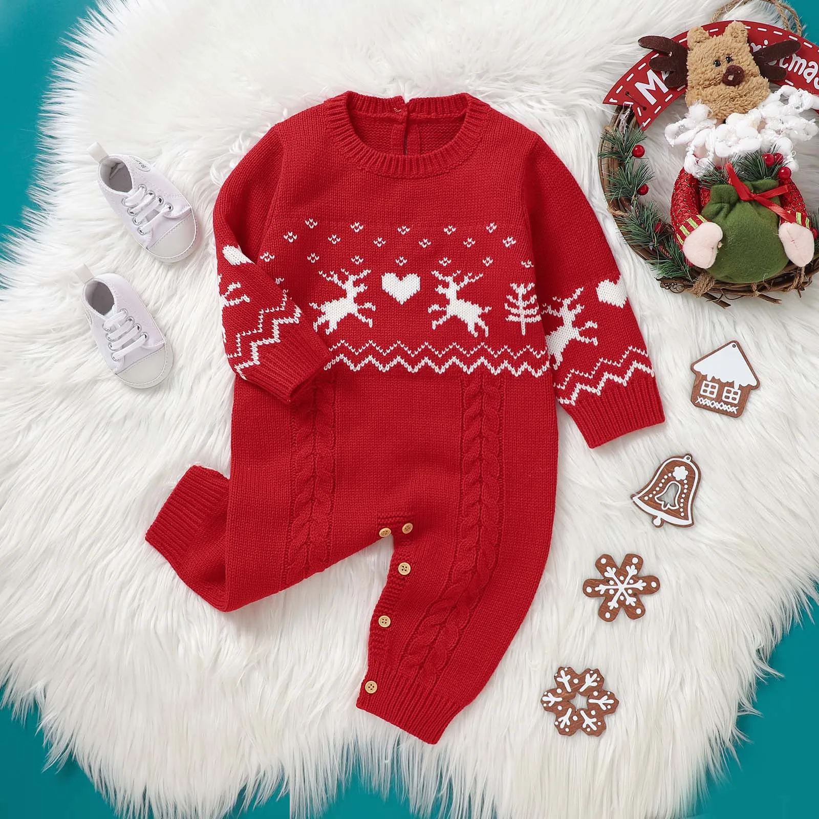 Christmas Baby Rompers Knit Newborn Boy Jumpsuit Outfit Long Sleeve Infant Girl Clothing Hat Cute Elks 2PCS Xmas Playsuit Winter