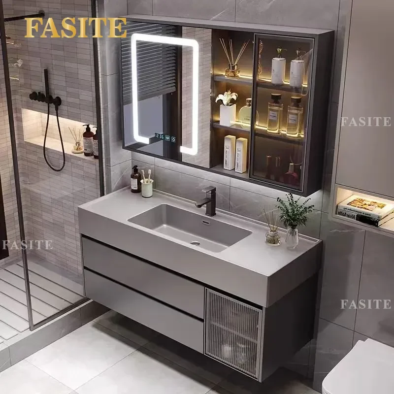 Light Luxury Bathroom Vanity Cabinet with Integrated Washbasin Countertop Modern Floor Standing Sink Combo for Toilet Room