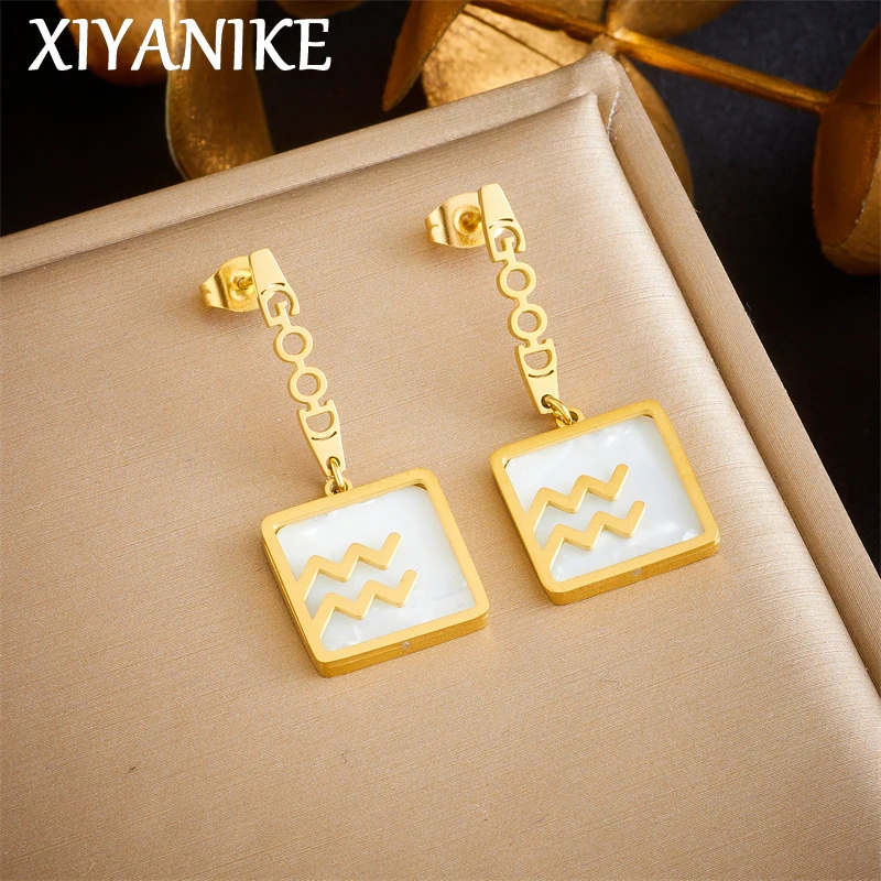 

XIYANIKE 316L Stainless Steel Luxury Gold Color Chain Drop Earrings for Women Fashion Ripple Square Earrings Girls Jewelry Gifts