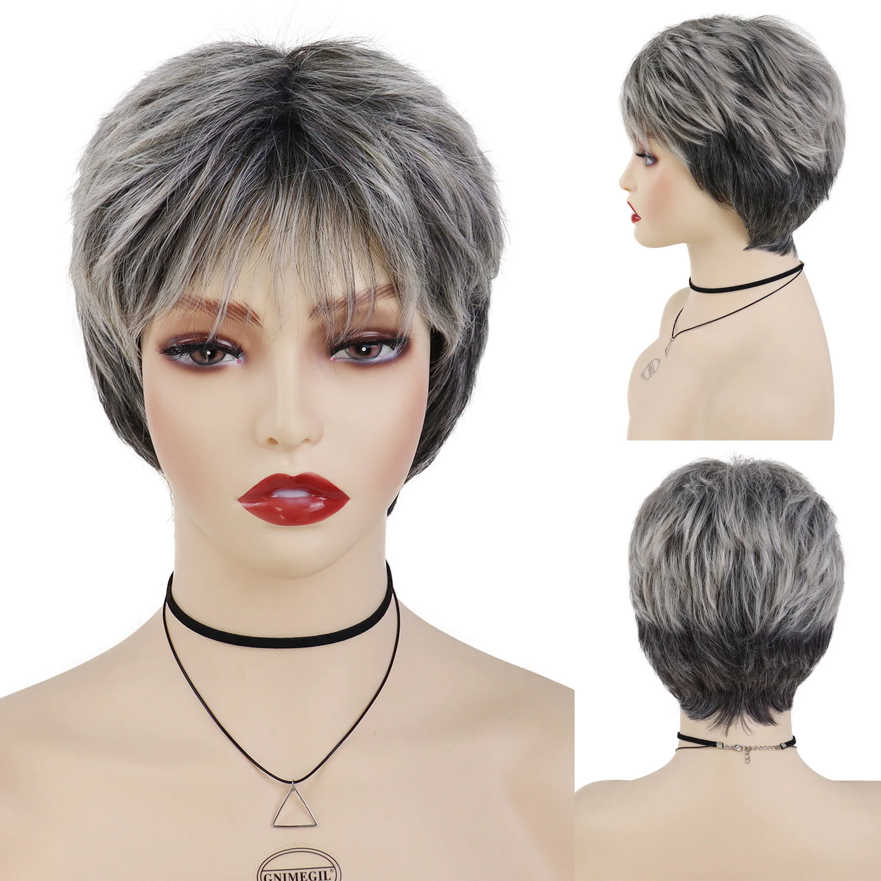 

Женские серые синтетические волосы с омбре, короткие многослойные парики с стрижкой пикси с челкой, пушистый серый цвет, парик для женщин, повседневный парик, подарки, костюм