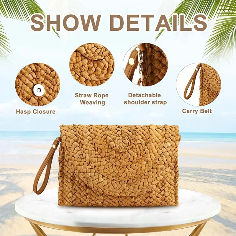 Straw Clutches Beach Bag For Women Summer Crossbody Straw Bag With Bag Strap Rural Style Woven Shoulder Bag Casual Purse Wallets