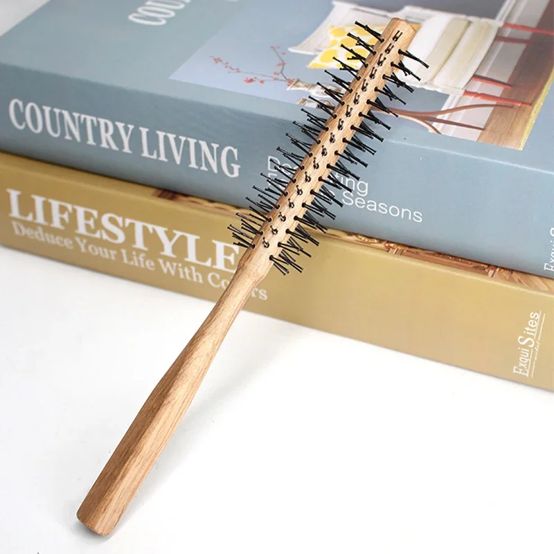 Mini Round Nylon Hairbrush Curly Hair Styling Comb Rolling Comb Round Brush for Thin or Short Hair Men with Wooden Handle