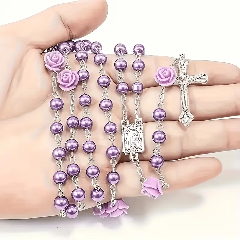 Vintage Purple Virgin Mary Rosary Necklace with Cross – Elegant Religious Jewelry for Daily Wear, Baptism, Prayer & Small Gifts