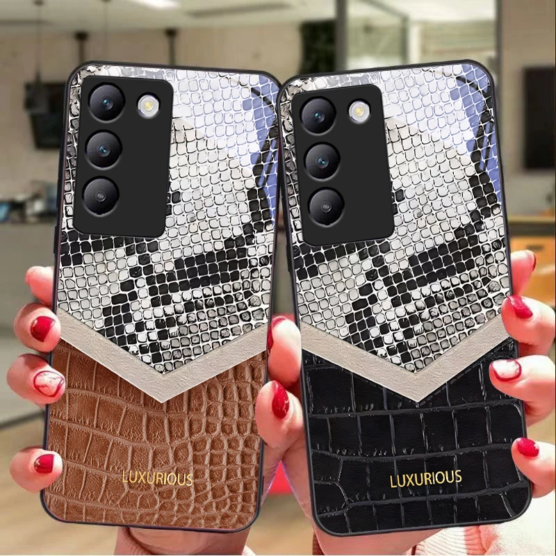 Snake skin pattern For Y72 33S 11 03 36 96 Lite 35 16 Iqoo 12 V40 SE 5G 29 40 21 30 X80 Pro Vivo Tempered glass phone case black