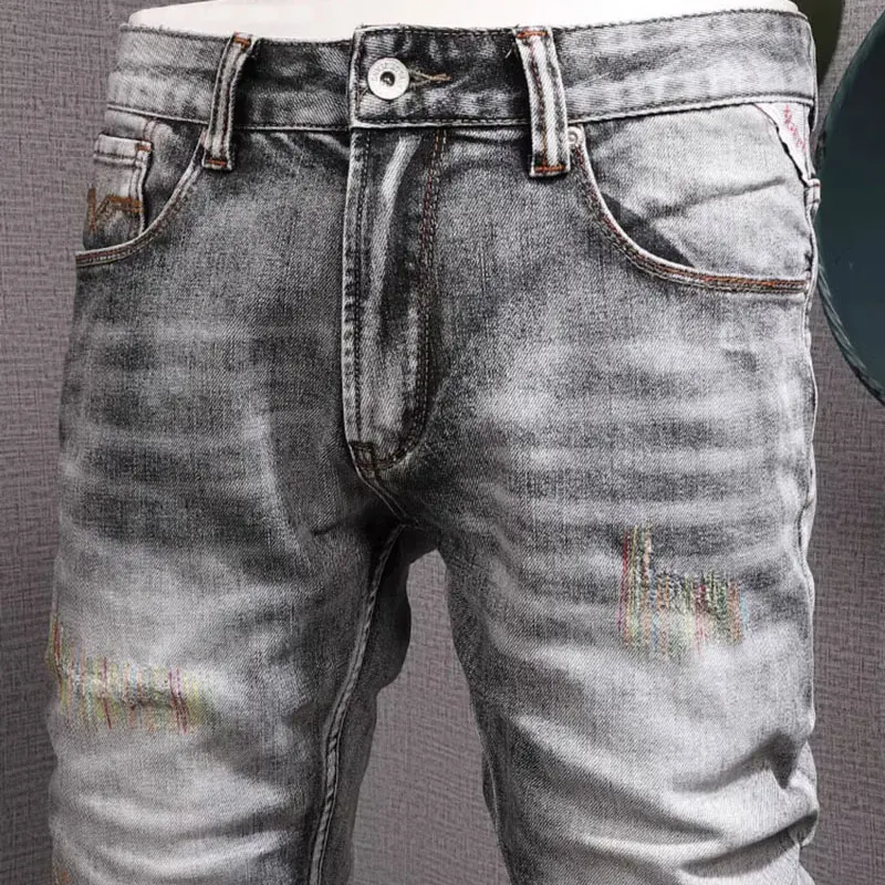 Newly Designer Fashion Men Jeans High Quality Retro Gray Stretch Slim Fit Ripped Jeans Men Embroidery Vintage Denim Pants Hombre
