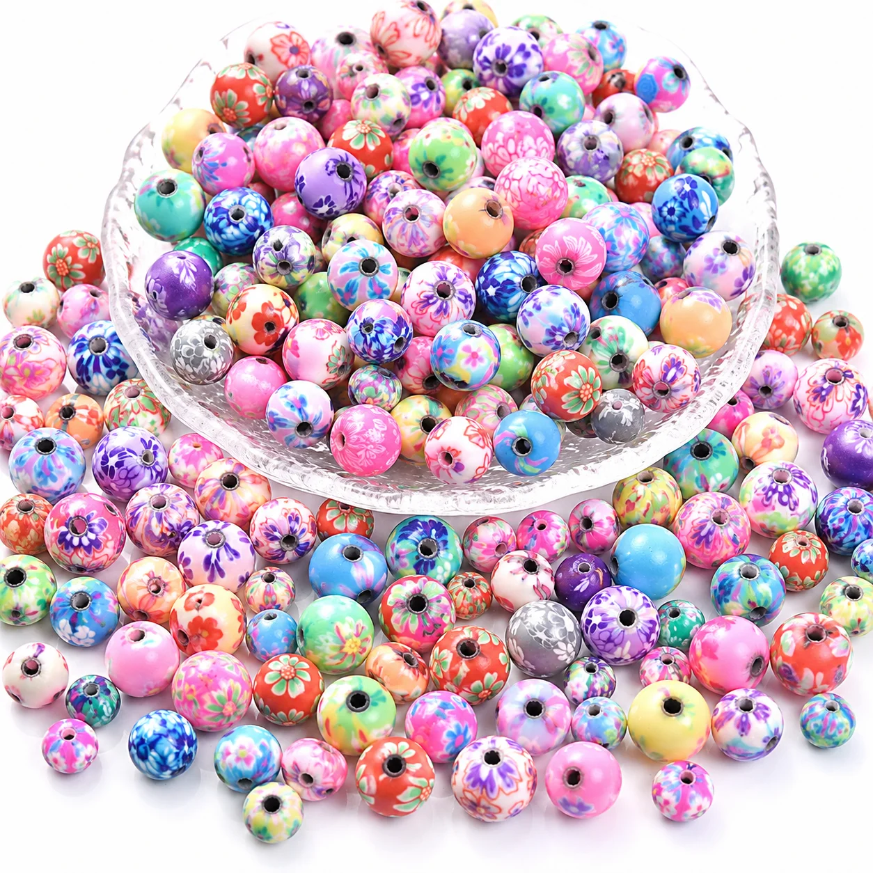 iYOE 30/50pcs Polymer Clay Bead 6/8/10mm Flower Pattern Printing Round Spacer Bead for Jewelry Making DIY Handcraft Accessories