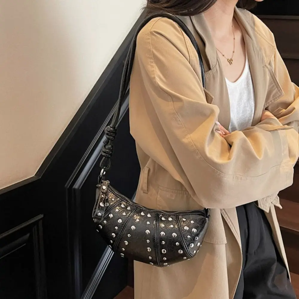 

Crossbody Bag Croissant Shoulder Bag Brown Small Pack Rivets PU Dumplings Bag Korean Style Solid Color Punk Style Handbags