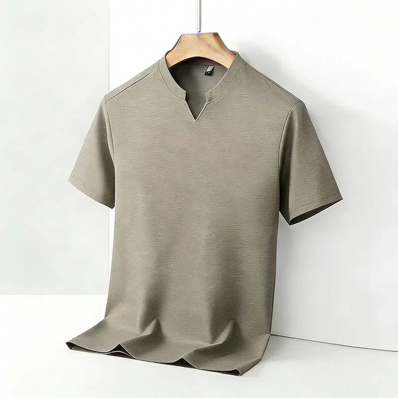 Men's Comfortable Solid Short Sleeve T-shirt Stand Collar V Notch Casual Pullover for All Occasions
