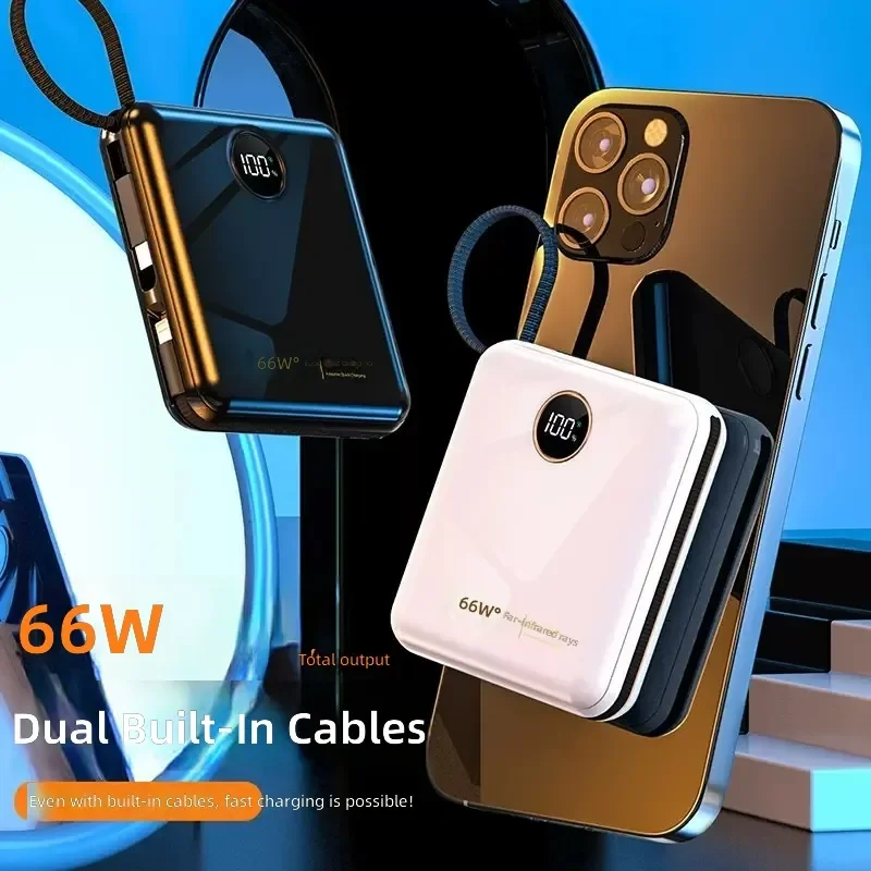66W Super Fast Charging Power Bank 20000mAh Large Capacity Mini Compact Portable Mobile Power Supply with Built in Cable