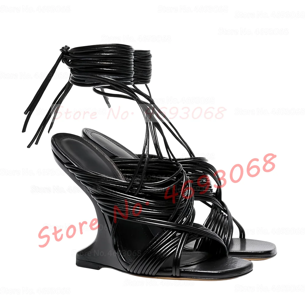 Black Slender Cross Tied Curved Heel Sandals Women Sexy Lace Up Fretwork Heel Strappy Shoes Ladies Trendy Open Toe Wedge Sandals