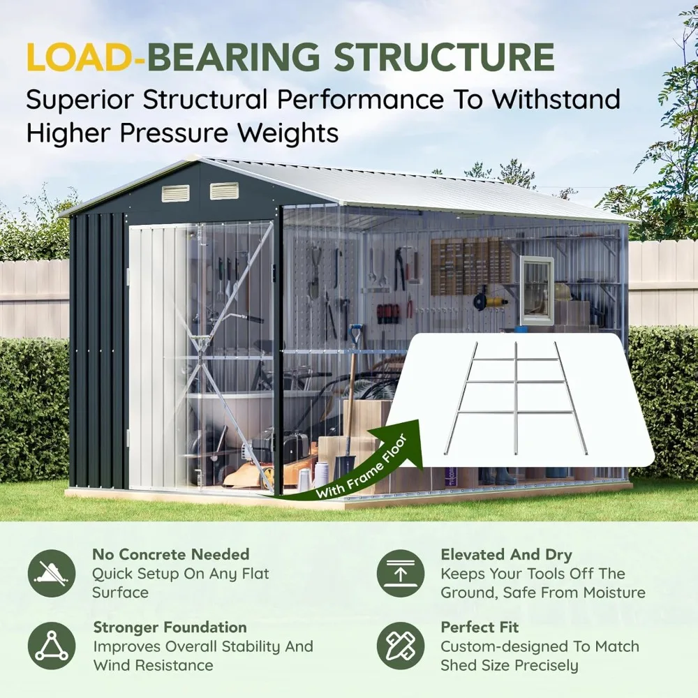 

Upgrade 10x8FT Outdoor Metal Storage Shed with Floor Frame, Double Swing Doors,Clear Windows, Tool Shed, Customized