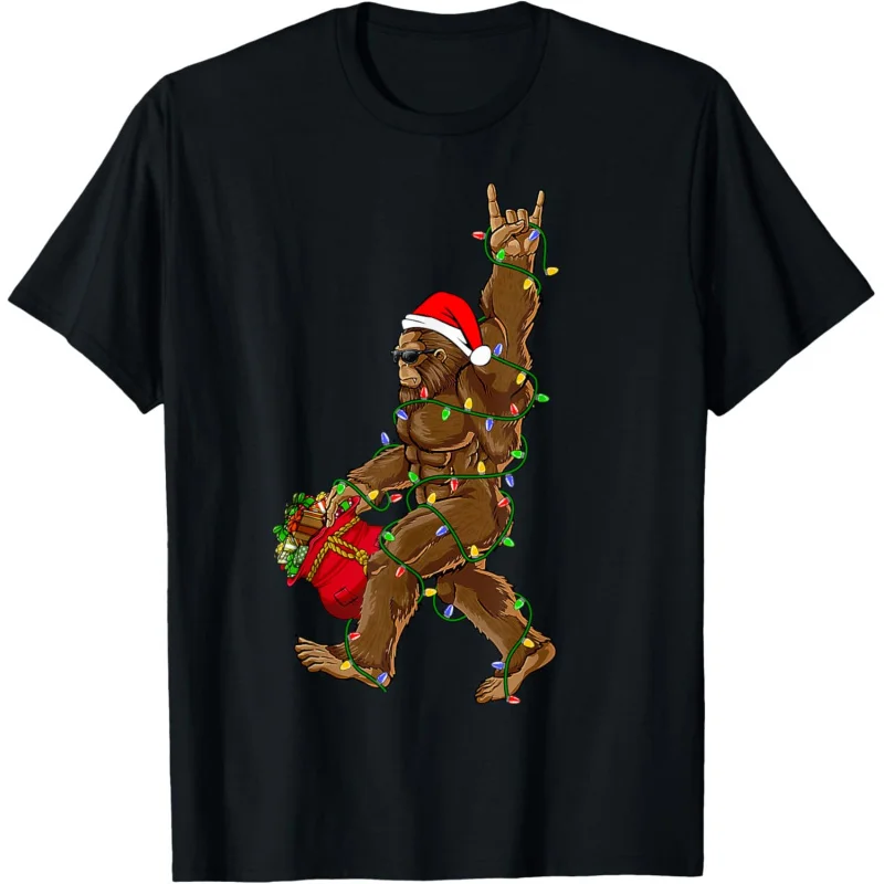 

Santa Bigfoot Christmas Lights Rock Funny Sasquatch Believe T-Shirt