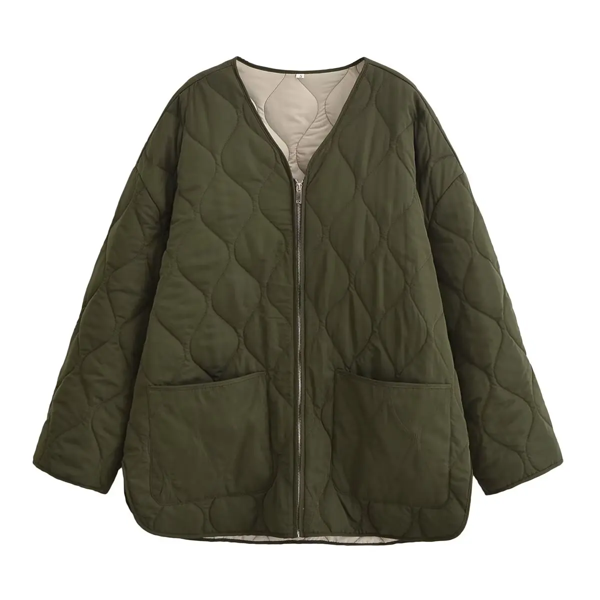 HH TRAF 2024 Women Army Green V-Neck Loose Warm Jacket Elegant Woman Long Sleeve Pocket Zipper Design Casual Slim Cotton Coat