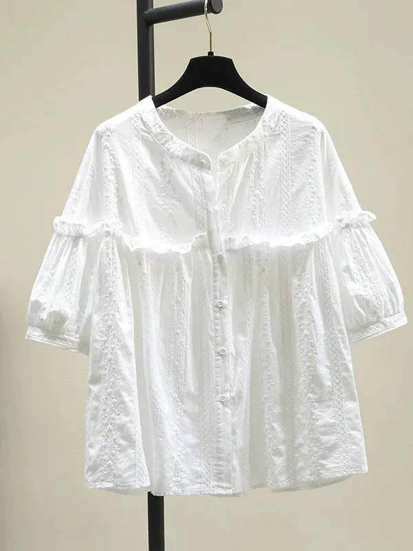 

Льняная хлопковая блузка с вышивкой, женская повседневная футболка с круглым вырезом, большие размеры, летний топ, удобный и дышащий