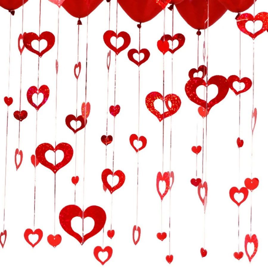 100pcs Heart Balloon Pendant Wedding Room Accessories Love Heart Laser Pendants Balloon Ribbon Rain Birthday Party Decoration