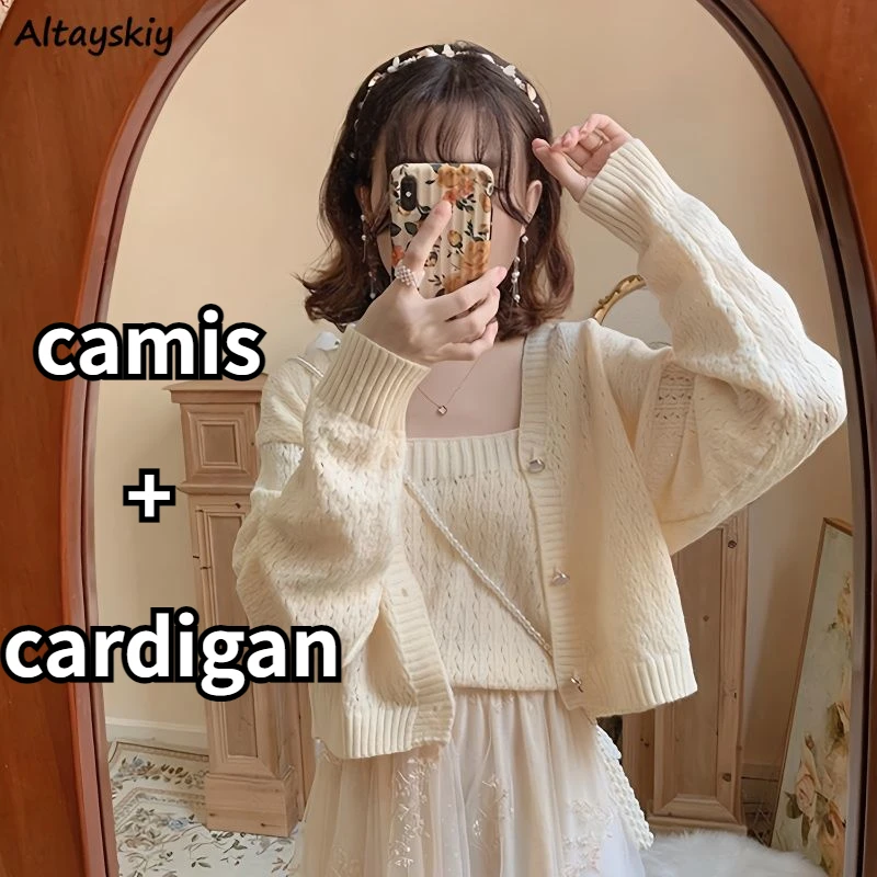 

2 Pcs Sets Women Autumn Knitted Camis Crop Pure Cardigan Gentle Fashion Girlish Ulzzang Classic Soft Tender Y2k Casual Aesthetic