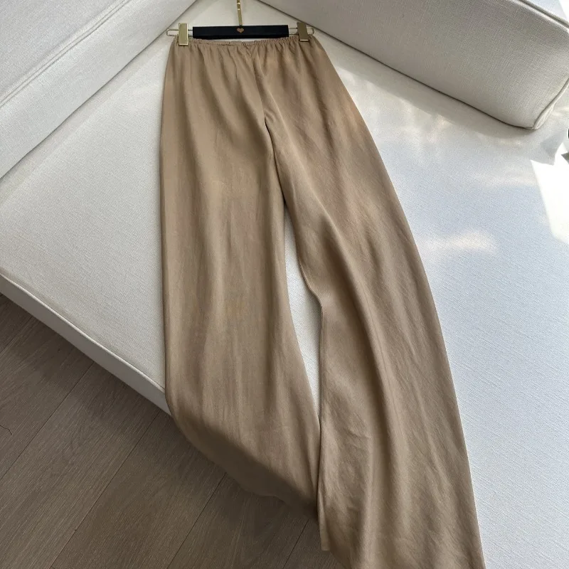 Summer Classic Linen Blend Narrow Elastic Waist Bias Cut Loose Wide Leg Trousers Casual Long Pants