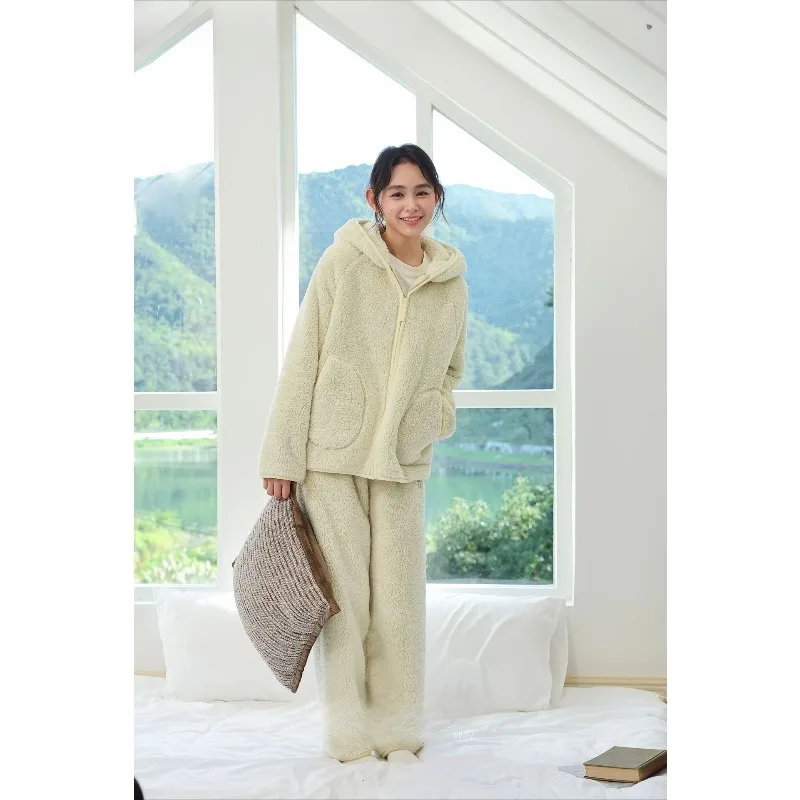 

Женский теплый бархатный пижамный комплект с толстым капюшоном и зимней теплой и бархатной домашней одеждой на молнии для ношения на открытом воздухе