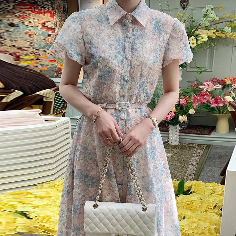 Clodland Vrouwen Retro Bloemen Midi Jurk Riem Met Korte Mouwen Een Rij Knopen Uit Een Stuk Zomer Vintage Jurken Vestido Qc252