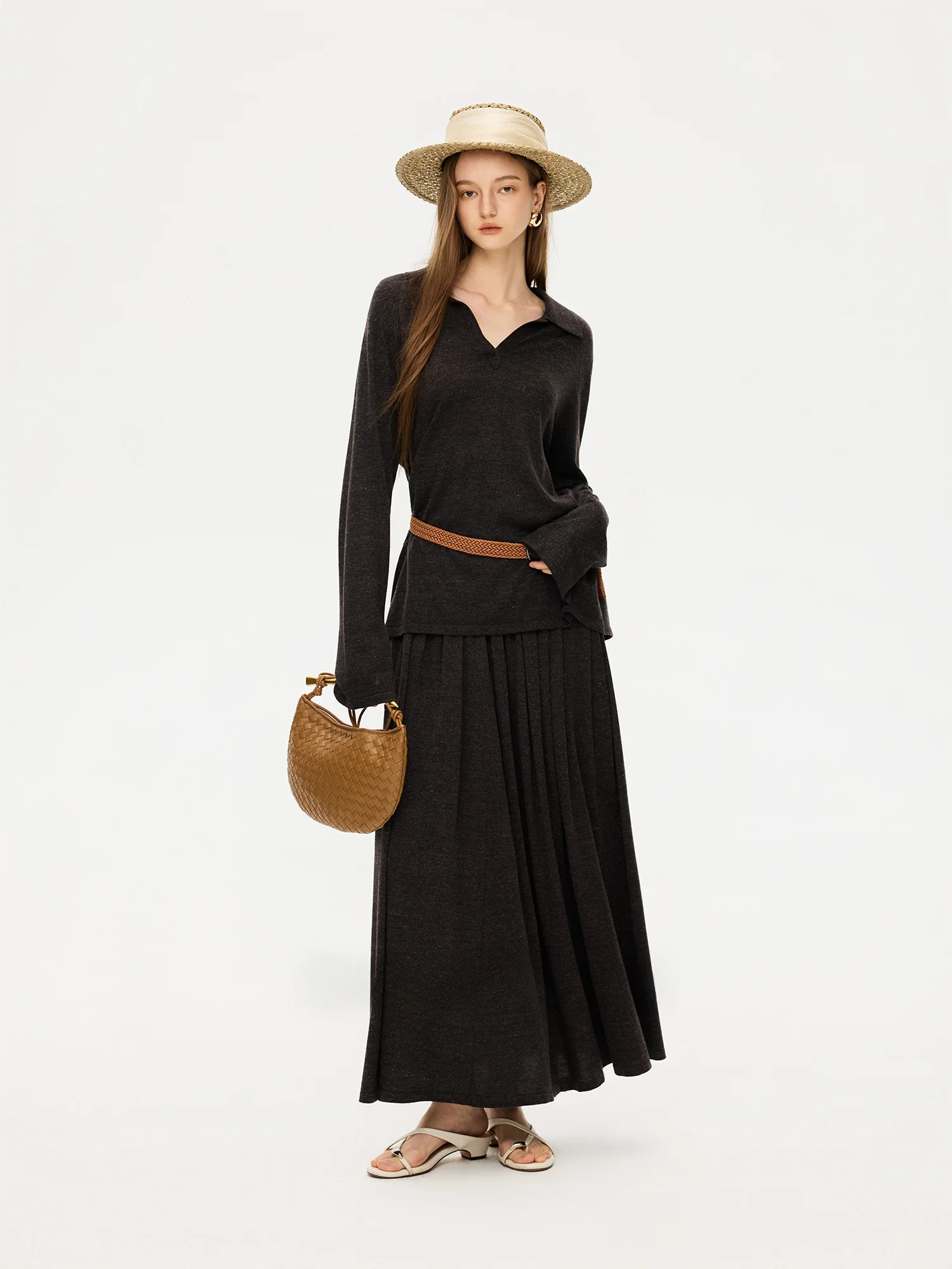 

Se Oderly Think Wool Blend Ne T-irt Skirt Set Waist Cinched Slimming Two-Piece Set Breathable Polyester Blend