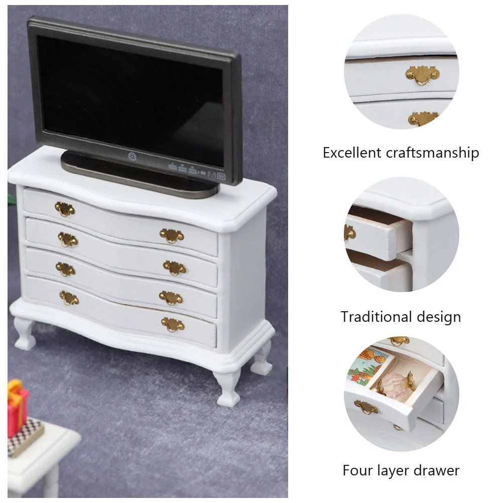 Armadietto per casa delle bambole Decorazione in miniatura Cassettiera multipiano bianca Ornamento Mobili Set da gioco per camera da letto modello in betulla di legno