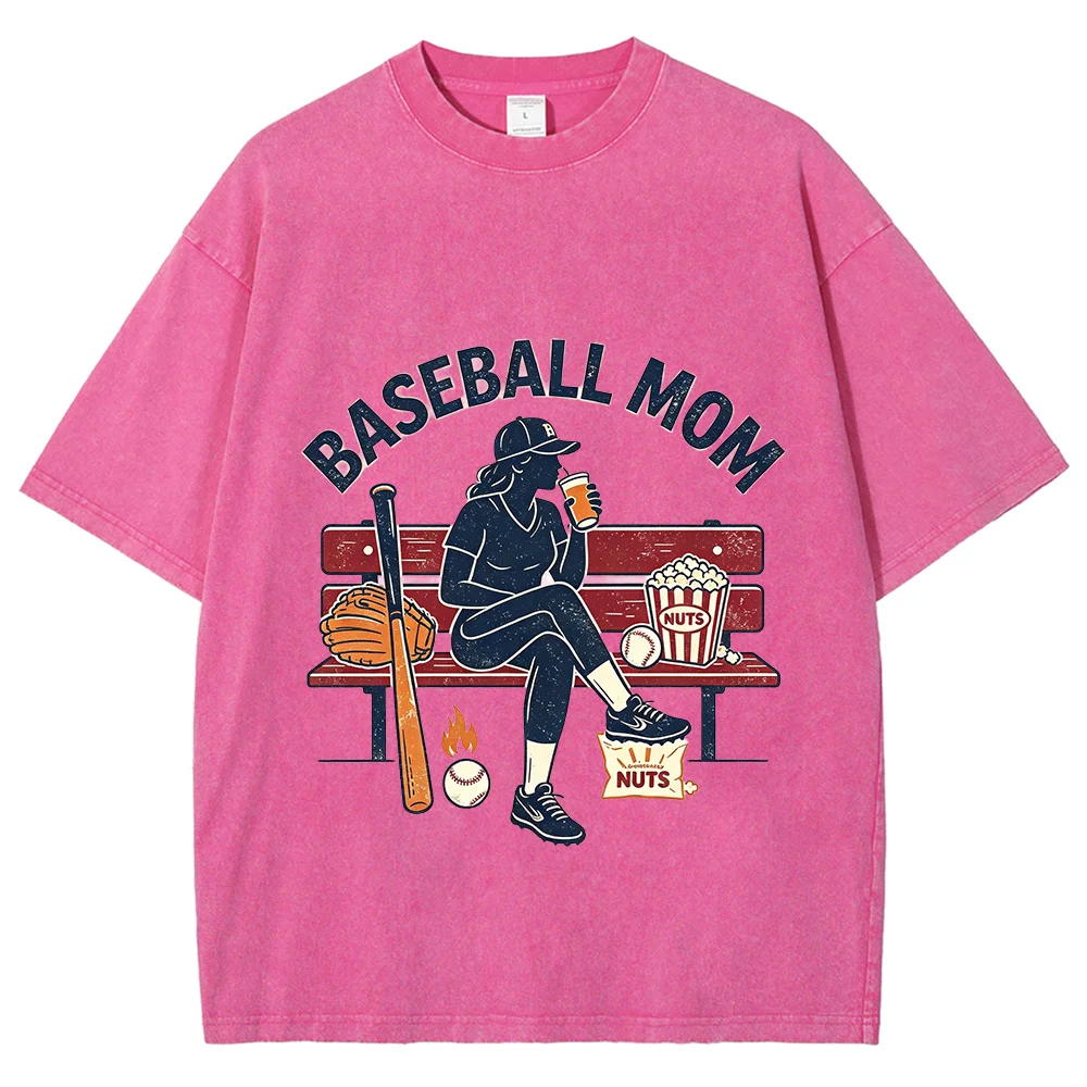 Vintage Washed Baseball Mom Graphic Tee Women Retro Baseball Mama Sitting On Bench Print Short Sleeve Casual Oversized T Shirt