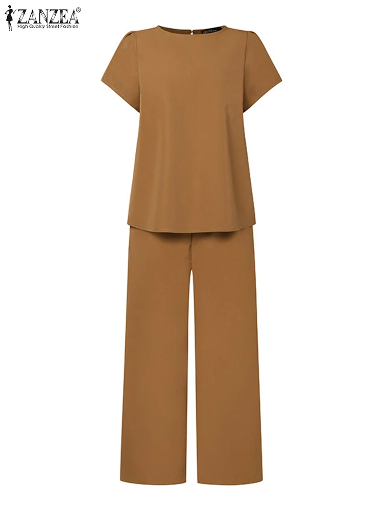 Women Summer Matching Sets ZANZEA Elegant OL Work Pant Sets Short Sleeve Blouse Wide Leg Trousers Suits Fashion Urban Tracksuits