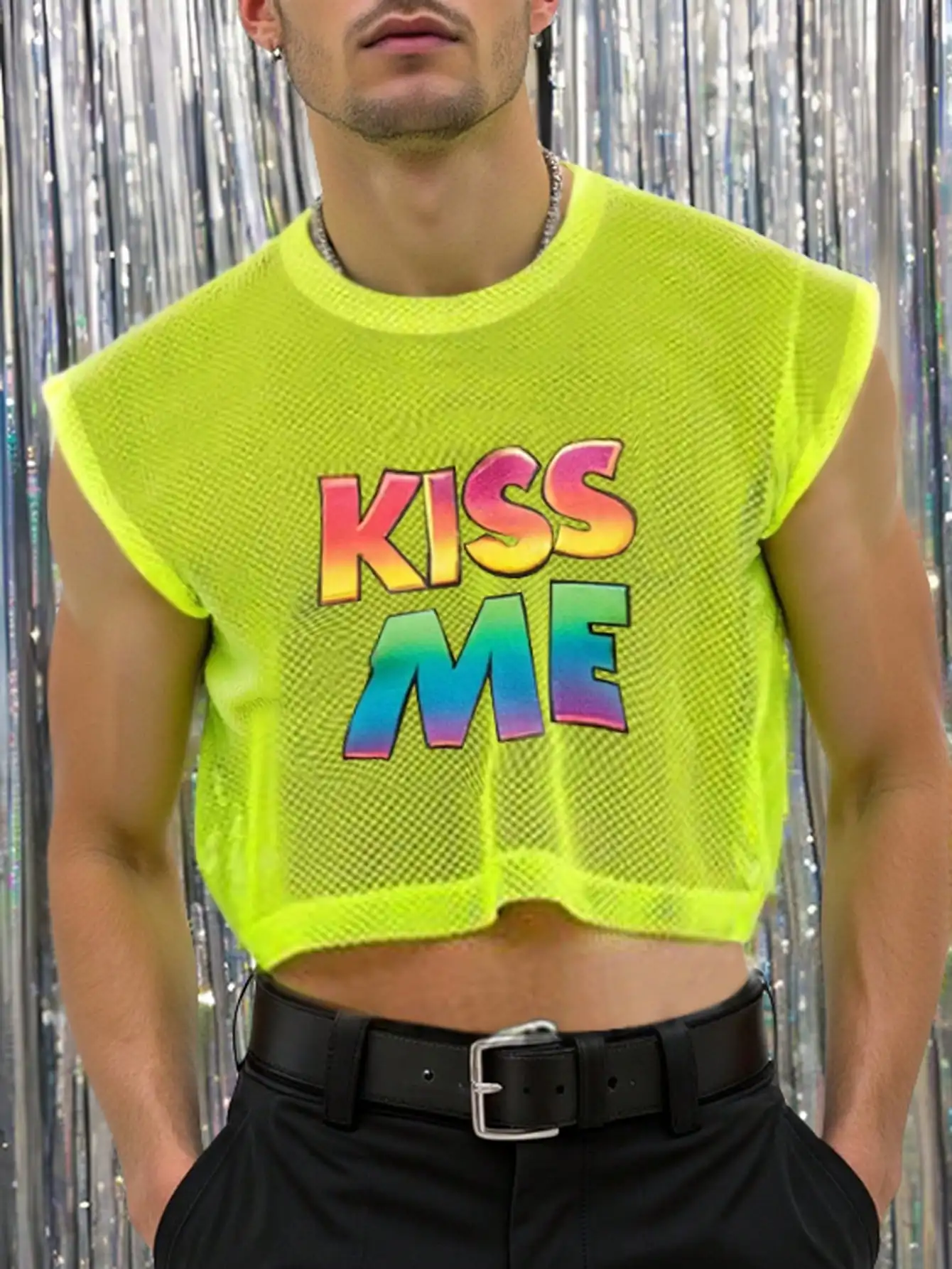 

Neon Mesh Crop Tank Top with Gradient Graphic Print - Streetwear Style