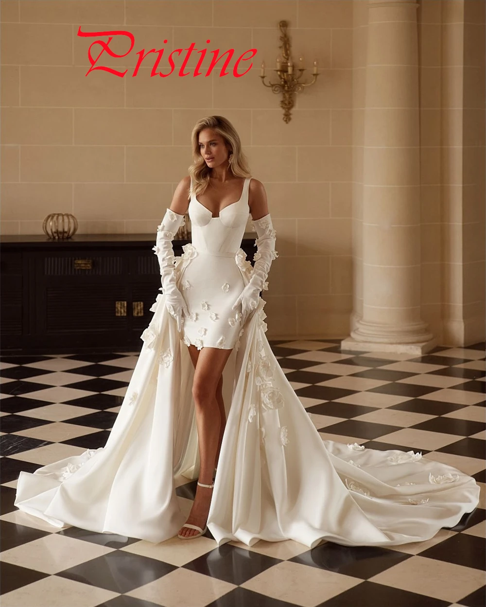 

Customized White Satin Wedding Dress Delicate Strapless Spaghetti Straps Bridal Party Temperament Zipper Back Bridal Gowns