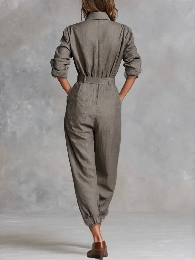 New Retro Solid Button Lapel Shirt Jumpsuits Woman Fashion High Waist Slim Bodysuits Romper Autumn Long Sleeve Pocket Overalls