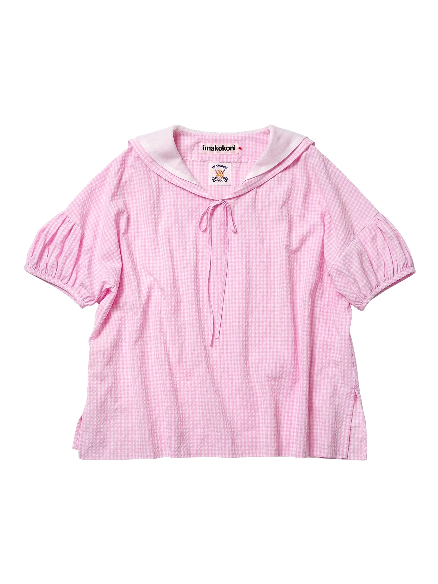 

Розовая клетчатая рубашка женская imakokoni, летняя, оригинальная, в японском литературном стиле, с темно-синим воротником, свободная рубашка с короткими рукавами 265430